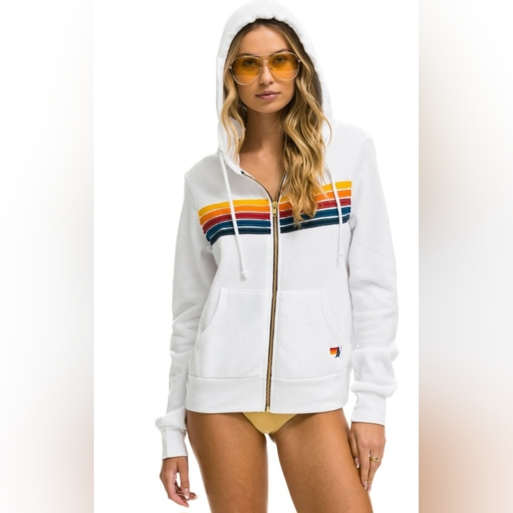 Aviator Nation 5 Stripe White Zip Hoodie XS With Pockets